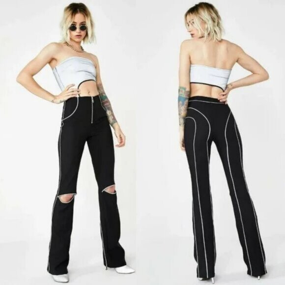 I.AM.GIA Black High Waist Reflective Trim Cut Out Knee Jet Pants Small - Picture 1 of 7